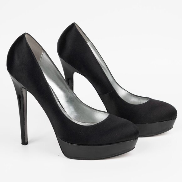 Bebe Black Satin & Patent faux Leather Stiletto Heel Pumps sz 7.5 M - Picture 1 of 13